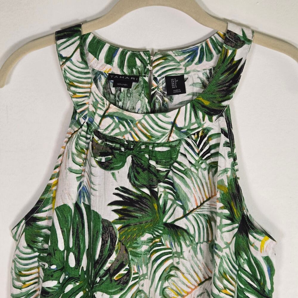 TAHARI 100% LINEN SUNDRESS Size M Coastal Palm Print Tropical Halter Dress - Picture 6 of 9